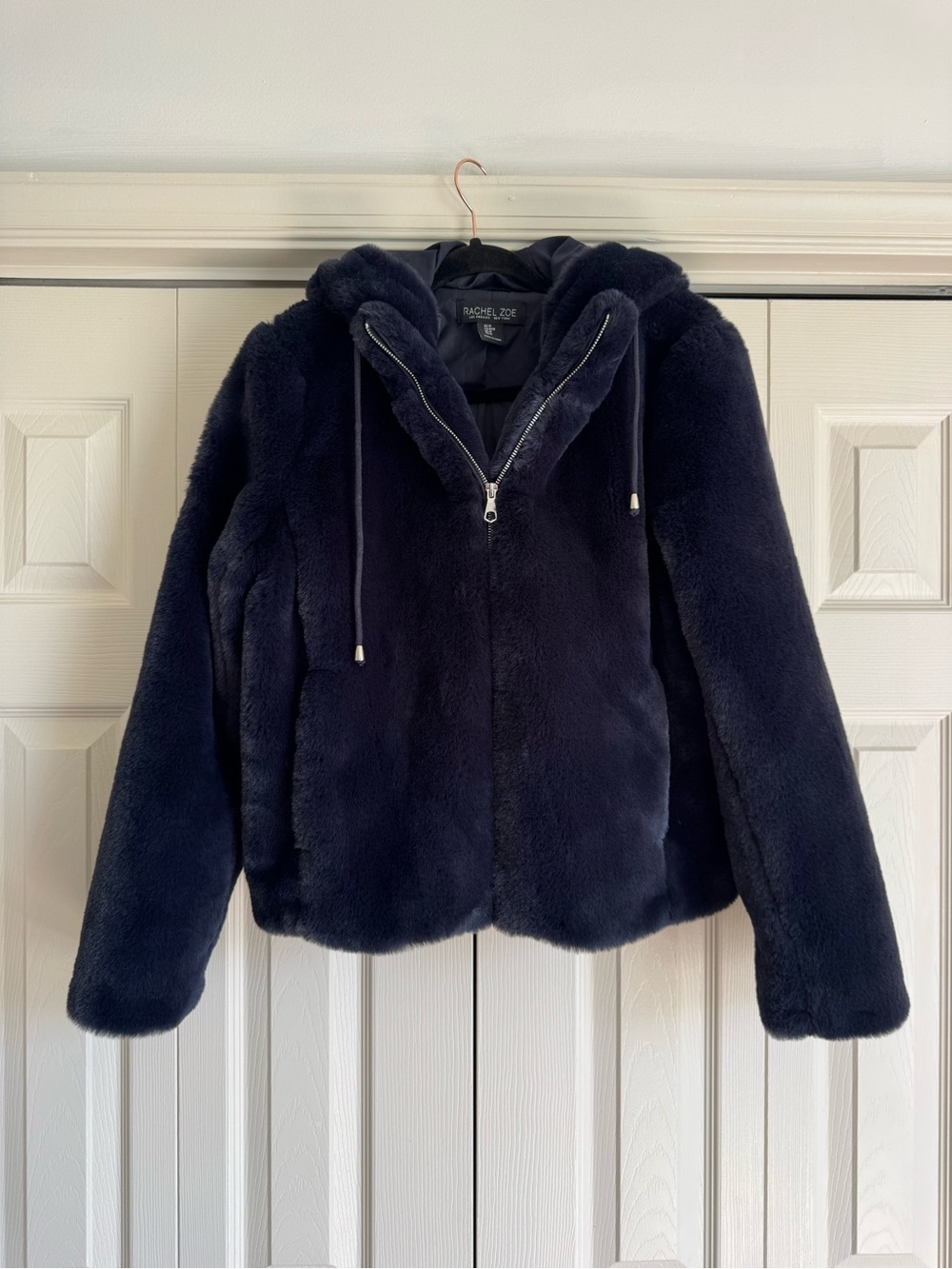 Rachel Zoe Navy Blue Faux Fur Hooded Jacket Zipper Size Medium